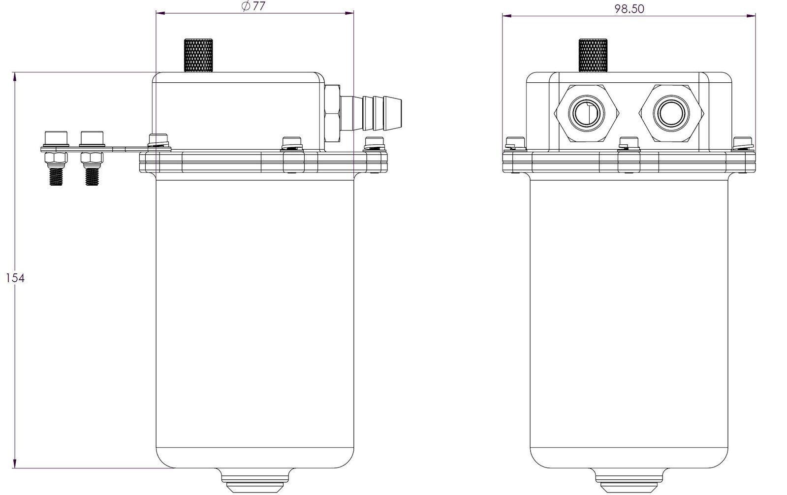 Proflow Catch Can Kit, Oil Separator, Baffled, Recirculating, 500mL, w/Hose & Clamps, Billet Aluminium, Universal Diagram Image