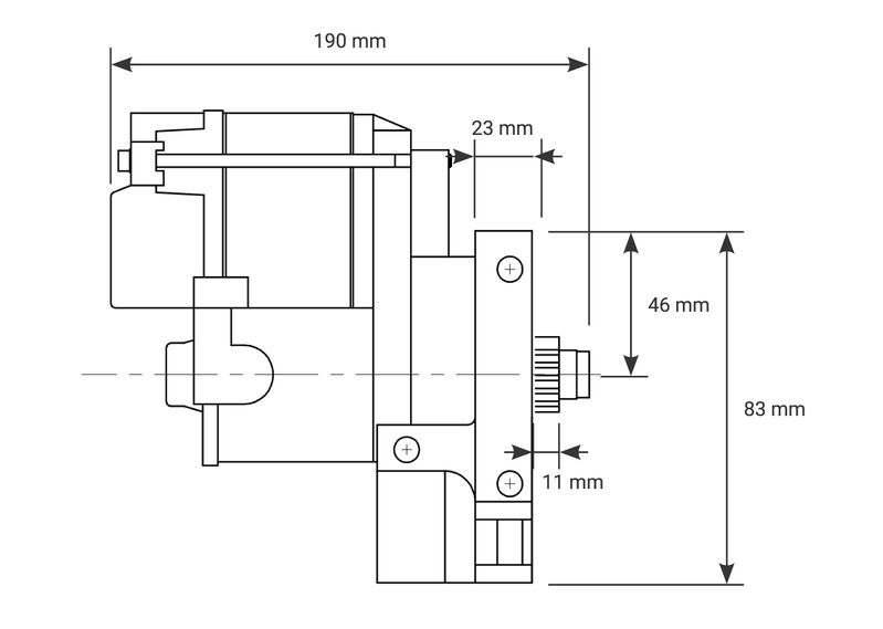 Proflow Starter Motor Power Torque Mini Black Wrinkle, For Chevrolet V8, 1.4Kw, Staggered Mount, 168 Tooth Flywheel Diagram Image