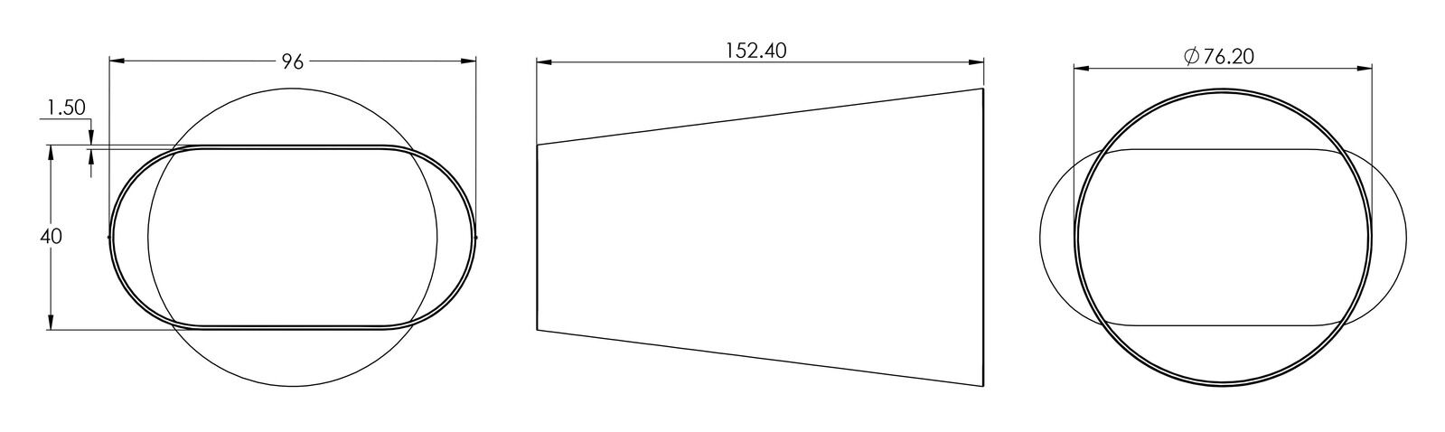 Proflow Pipe Adapter, Exhaust, Oval To Round, Stainless Steel, 3 in. Inlet/Outlet, 6 in. Length Diagram Image