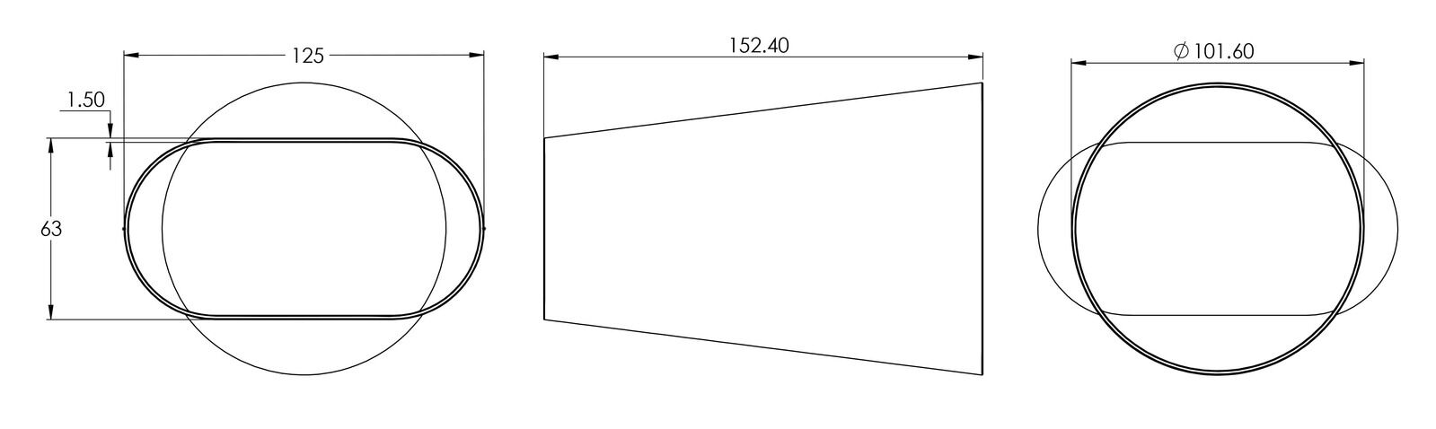 Proflow Pipe Adapter, Exhaust, Oval To Round, Stainless Steel, Raw, 4 in. Inlet/Outlet, 6 in. Length Diagram Image