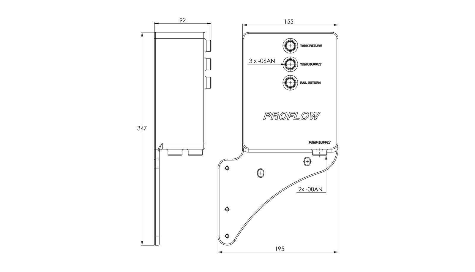 Proflow Fuel Surge Tank V2, Undercar, For Ford Falcon BA/BF/FG XR6 Turbo, XR8, 2.0L, Aluminium, Black Anodised Diagram Image