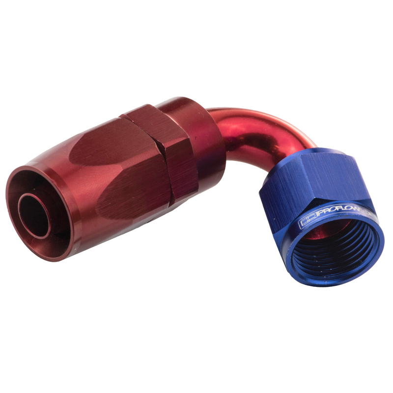 Proflow 120 Degree Hose End -12AN Hose to Female, Blue/Red