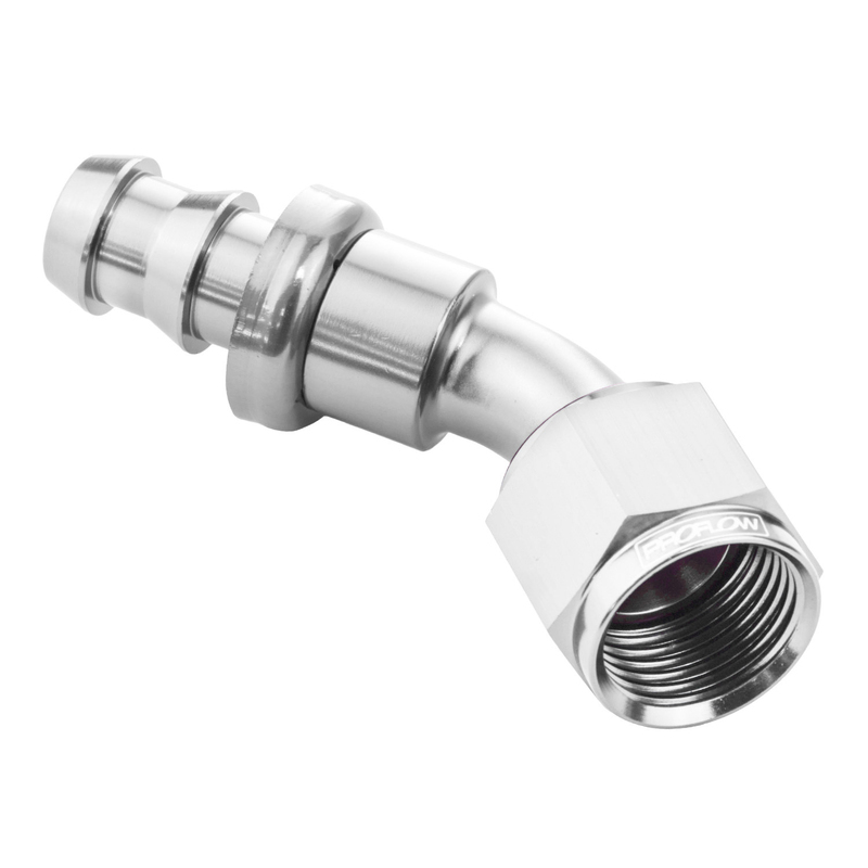 Proflow 45 Degree Push Lock Hose End Barb 3/4'' To Female -12AN, Polished