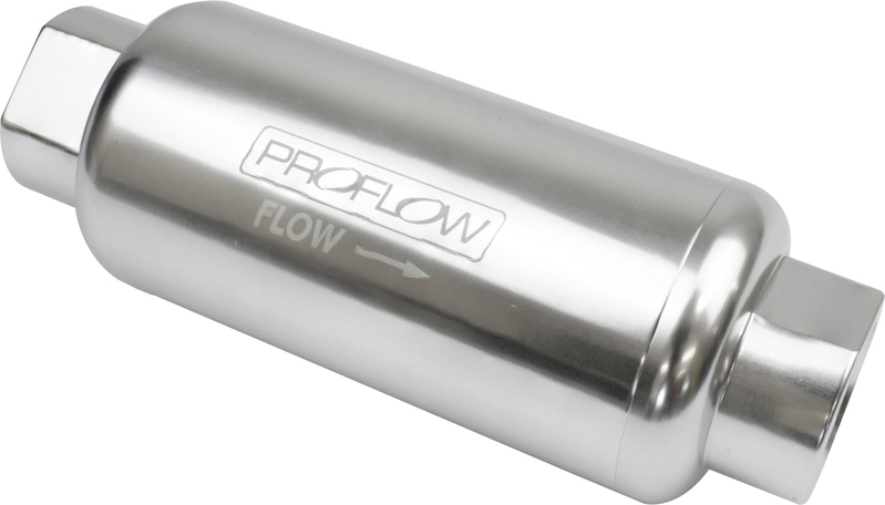 Proflow Fuel Filter, Inline Mount, Billet Aluminium, Silver Anodised, 10 Microns, 90mm length -8 AN Inlet/Outlet, Each
