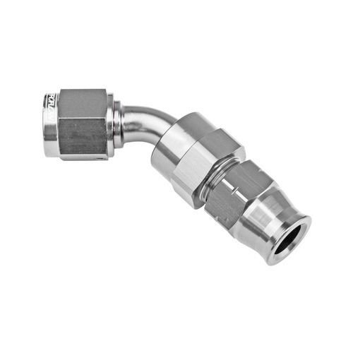 Proflow 1/2in. Tube 45 Degree To Female -08AN Hose End Tube Adaptor, Silver