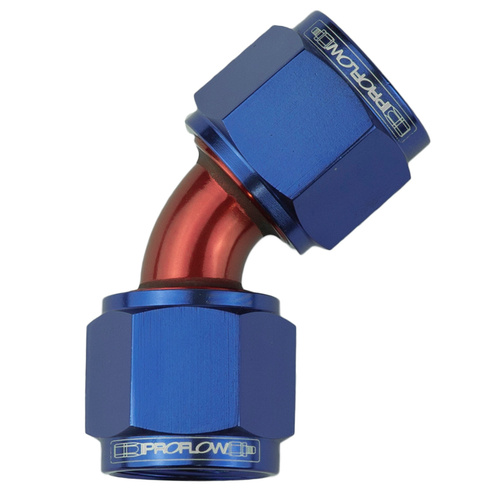 Proflow 45 Degree Female Flare Union Swivel Hose End -06AN, Blue/Red