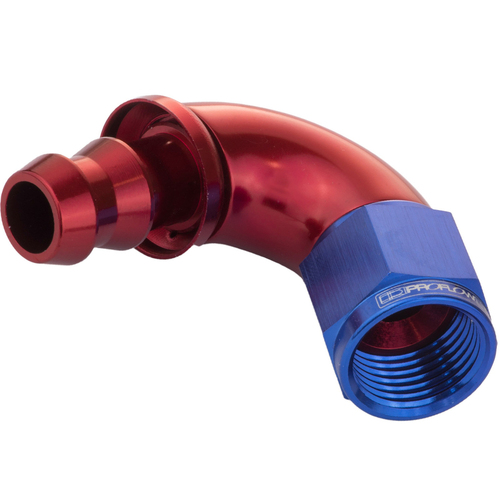 Proflow 120 Degree Fitting Hose End Full Flow Barb to Female -06AN, Blue/Red