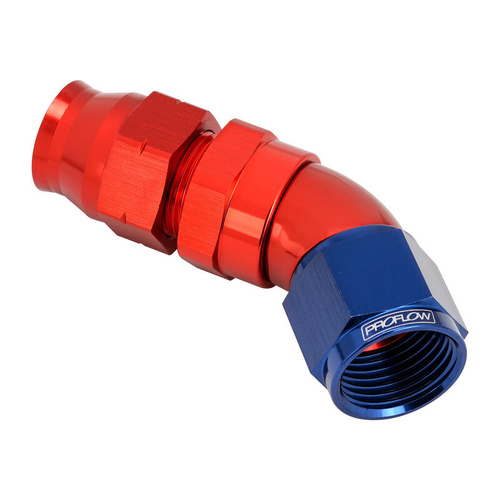 Proflow Full Flow 5/8in. Tube To Female -10AN Hose End, 45 Degree, Tube Adaptor, Blue/Red