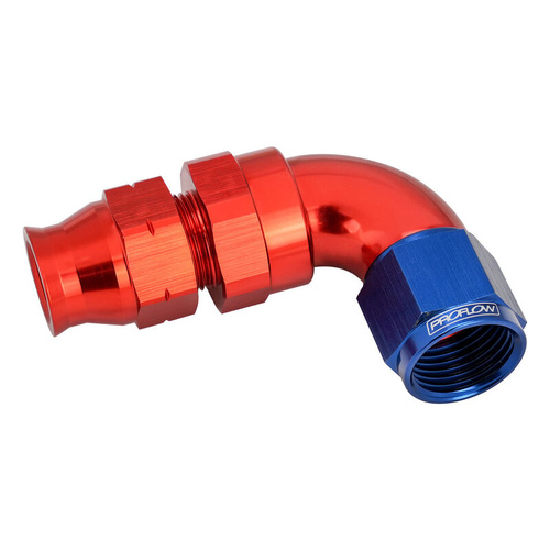 Proflow Full Flow 3/8in. Tube To Female -06AN Hose End, 90 Degree, Tube Adaptor, Blue/Red