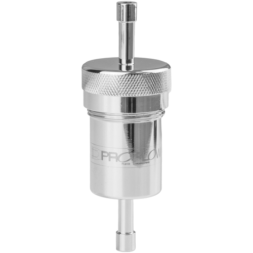Proflow Fuel Filter Aluminium 1/4in. Hose barb 100 Micron Stainless Steel, Polished Silver
