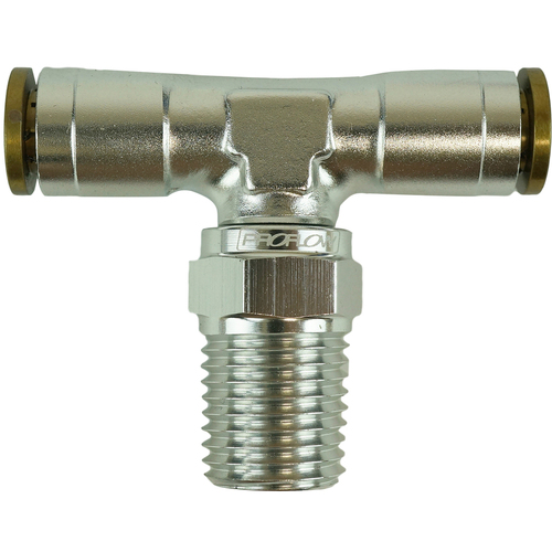 Proflow Fitting, Push Release Tee 1/4in. Tube To 1/4in. NPT, Silver