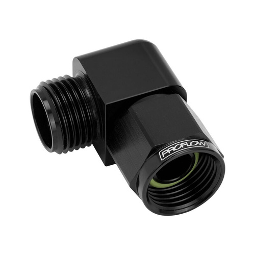Proflow Air Conditioning Adaptor Tite Fit Fitting, #8 A/C 3/4"-16, 90 Degree, Female to Male, Aluminium, Black