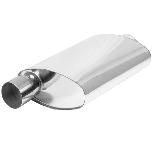 Proflow Muffler Oval, 409 Stainless Steel Polished Flow Chamber 2-1/2in. Side Inlet To 2-1/2in. Centre Outlet