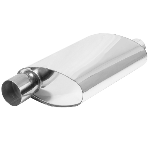 Proflow Muffler Oval, 409 Stainless Steel Polished Flow Chamber 2-1/2in. Side Inlet To 2-1/2in. Side Outlet