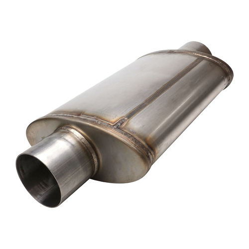 Proflow Muffler Oval, 409 Stainless Steel Polished Flow Chamber 3in. Centre Inlet To 3in. Centre Outlet