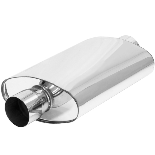 Proflow Muffler Oval, 409 Stainless Steel Polished Flow Chamber 2-1/2in. Center Inlet To 2-1/2in. Center Outlet