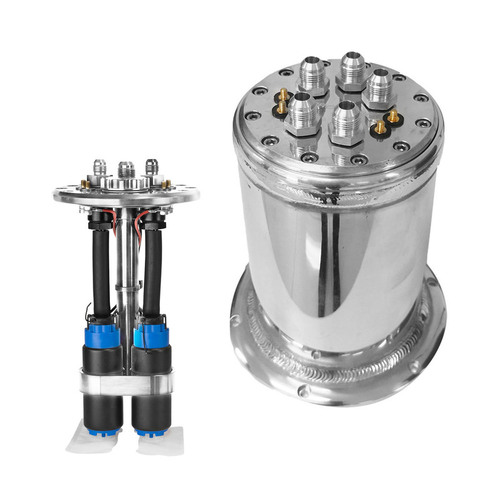 Proflow Billet Surge Tank Kit, Round 152 x 230mm Polished, In tank Carrier-AN8 Male, with 340LPH fuel pumps