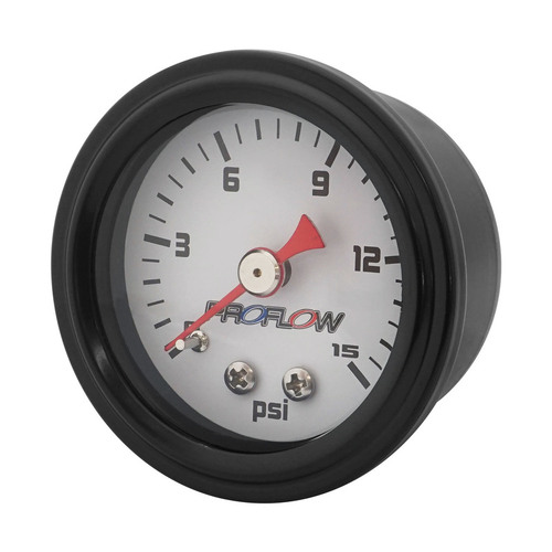 Proflow Fuel Pressure Gauge 0-15PSI, Stainless Steel, Black Body/White Face 40mm, Each