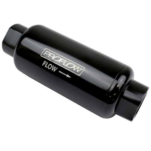 Proflow Fuel Filter, Inline Mount, 100 Microns, Billet Aluminium, Black Anodised, 140mm length -10 AN Inlet/Outlet