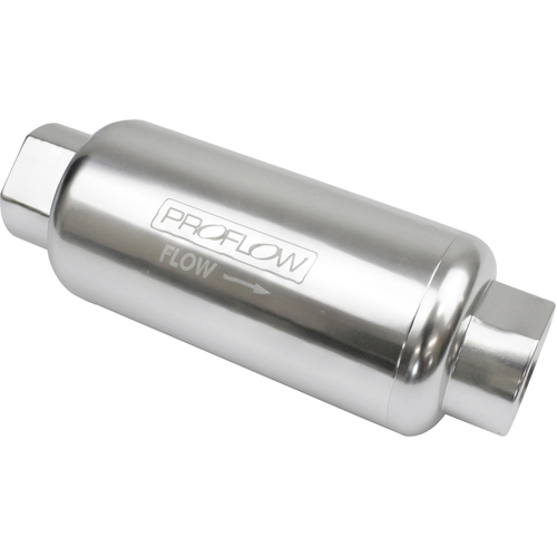 Proflow Fuel Filter, Inline Mount, 100 Microns, Billet Aluminium, Silver Anodised, 140mm length -10 AN Inlet/Outlet