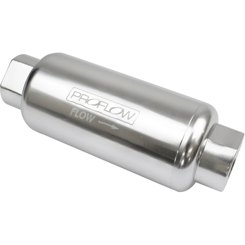 Proflow Fuel Filter, Inline Mount, Billet Aluminium, Silver Anodised, 10 Microns, 88mm Total Length -8 AN Inlet/Outlet, Each