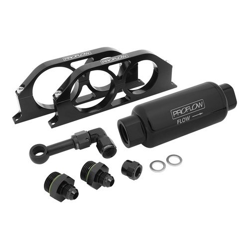 Proflow Fuel Pump Cradle Bracket Kit, Billet, With Fuel Filter, AN10 & AN6 Adaptors, Black