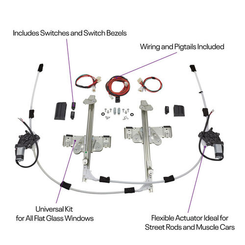 Proflow Universal Hot Rod Electric Power Window Conversion system, Black Switch, Project Car, Kit 