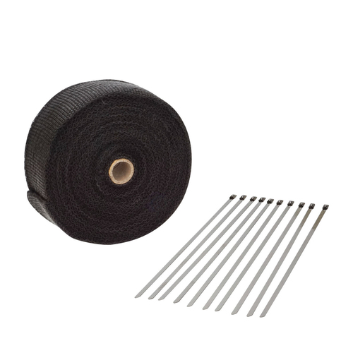 Proflow Exhaust Wrap, Fiberglass Composite, 650 Degrees Celsius, 1 in × 15 ft Roll, Black, 10 Locking Tie Kit