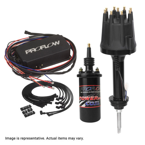 Proflow Ignition Combo Kit, Pro Series Billet Distributor, Pro Lead Wires 8.8mm, Ignition CDI 6AL, Striker Coil SB For Ford 289 302 Windsor