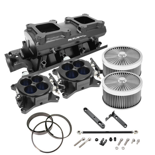 Proflow SuperMax EFI Intake Quad Manifold Kit, Fuel Rails, SB Ford 289-302W, Tunnel Ram, Fabricated Black, Dual 4150 Throttle Bodies, Silver Kit