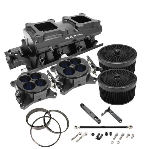 Proflow SuperMax EFI Intake Quad Manifold Kit, Fuel Rails, SB Ford 289-302W, Tunnel Ram, Fabricated Black, Dual 4150 Throttle Bodies
