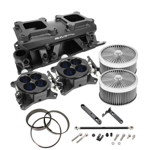 Proflow SuperMax EFI Intake Quad Manifold Kit, Fuel Rails, Tunnel Ram, Fabricated Black, 4150 Throttle Body Silver, Kit