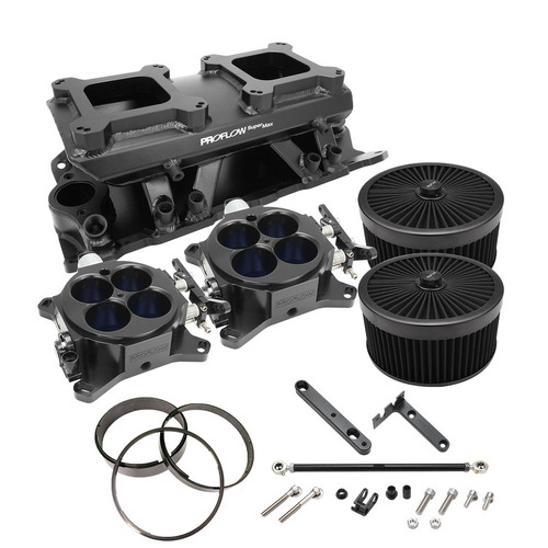 Proflow SuperMax EFI Intake Quad Manifold Kit, Fuel Rails, Tunnel Ram, Fabricated Black, 4150 Throttle Body