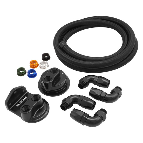 Proflow Billet Remote Universal Filter head, Universal Block Adaptor, Black , Top -08 ORB Ports , 90Deg -08ORB x AN10 Fittings, PFE450R-10 Hose, Kit
