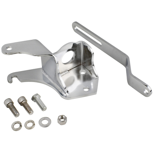 Proflow Power Steering Pump Mounting Bracket, SB Chev Short Water Pump, Saginaw LH Low Mount, Kit, Chrome