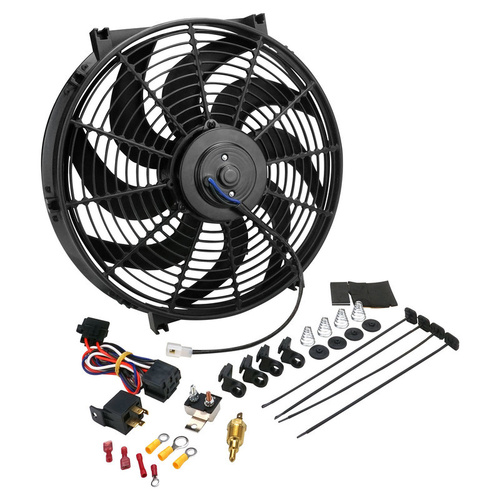 Proflow Electric Cooling Fan Kit, Curved Black, 12 in, 1450 CFM, Reversible, w/Fan Control & Mounting Hardware, Thermostatic, 165-180F