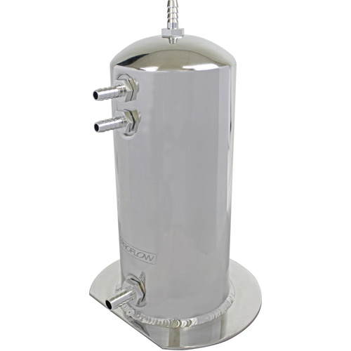 Proflow Fuel Surge Tank Aluminium, 254mm x 108mm Round 2.5L, Barb & AN Fitting Kit, Show Polished