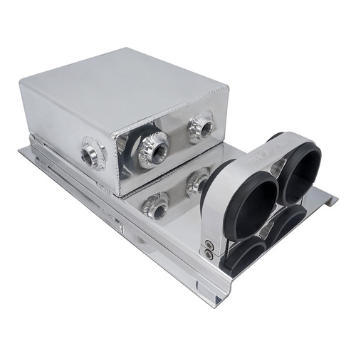 Proflow Fuel Surge Tank Fabricated Aluminium, Square Slim, 044 Pump Mounts, 80mm x, 200mm x 180mm, 2.5L, AN Fitting Kit, Polished