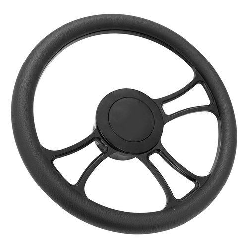 Proflow Billet 3 Slot Curved Steering Wheel,14'' Black Leather/Black Leather, Universal Fit, Steering Wheel ,Adaptor, Horn Button, 2 inch Dish, Kit