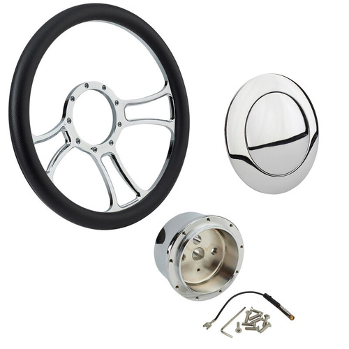 Proflow Billet 3 Slot Curved Spoke Steering Wheel,14'' Chrome/Black Leather, Universal Fit, Steering Wheel ,Adaptor, Horn Button, 2 inch Dish, Kit