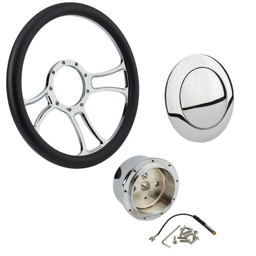 Proflow Billet 3 Slot Steering Wheel,14'' Chrome/Black Leather, Universal Fit, Steering Wheel ,Adaptor, Horn Button, 2 inch Dish, Kit