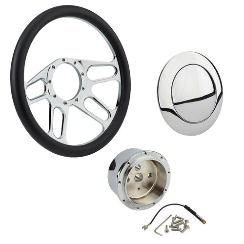 Proflow Billet 4 Slot Steering Wheel,14'' Chrome/Black Leather, Universal Fit, Steering Wheel ,Adaptor, Horn Button, 2 inch Dish, Kit